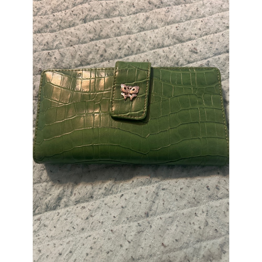 Green Croc Embossed Bifold Wallet Butterfly Charm Kiss-lock Coin Pouch Vintage